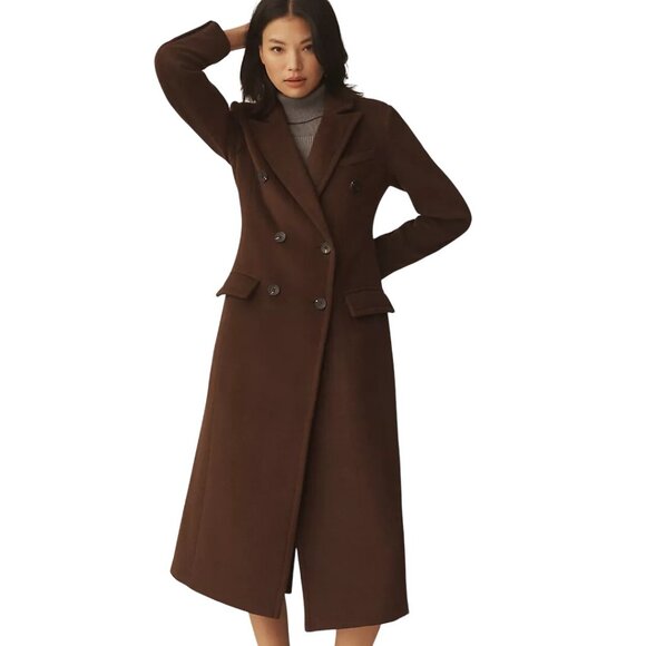 NWT L Avec Les Filles Womens Brown Double-Breasted Long Wool Blend Coat - Picture 3 of 16